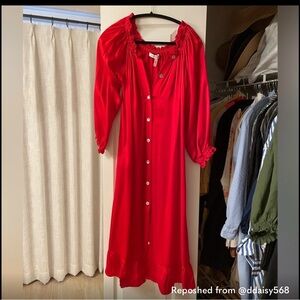 Sleeper red 100% silk mother of pearl button-front sleeved midi dress